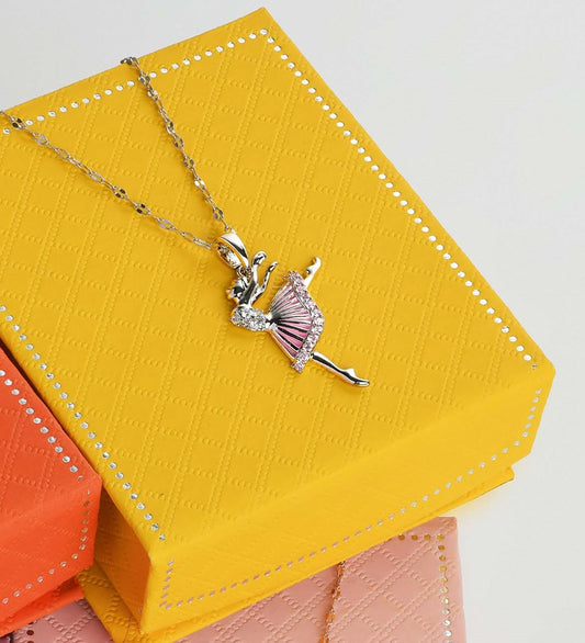 BN0002 Ballerina Necklace Rhodium Plated with Yellow Jewelry Box